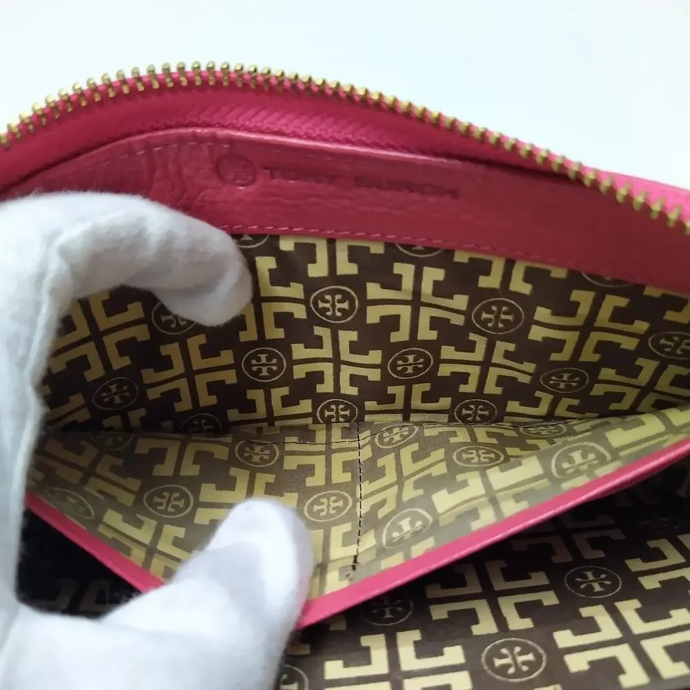 Tory Burch Pink Pebbled Leather Zip Around Credit Card Wallet